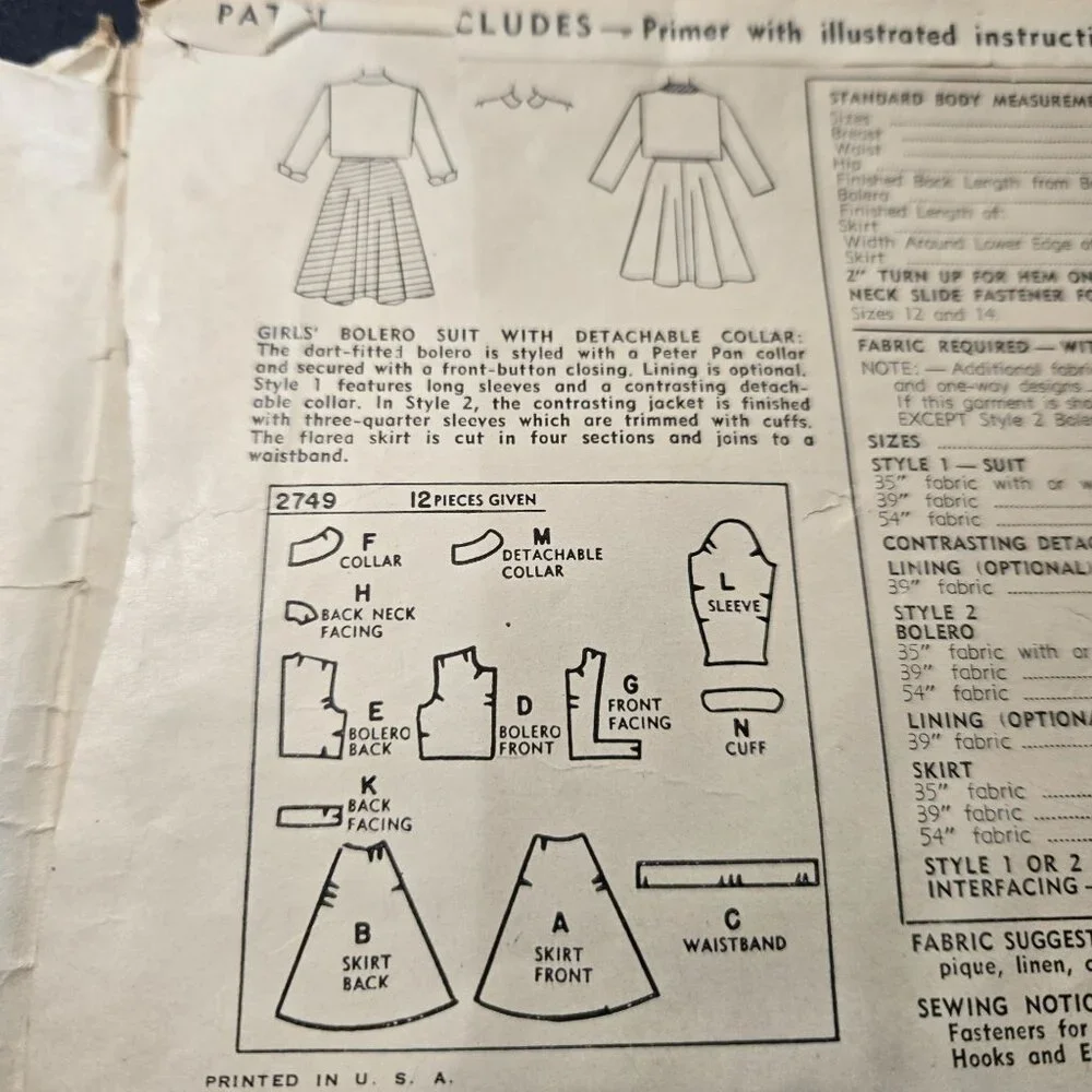 Simplicity 2749 sewing pattern Girls bolero skirt Size 10 vintage 40s CUT